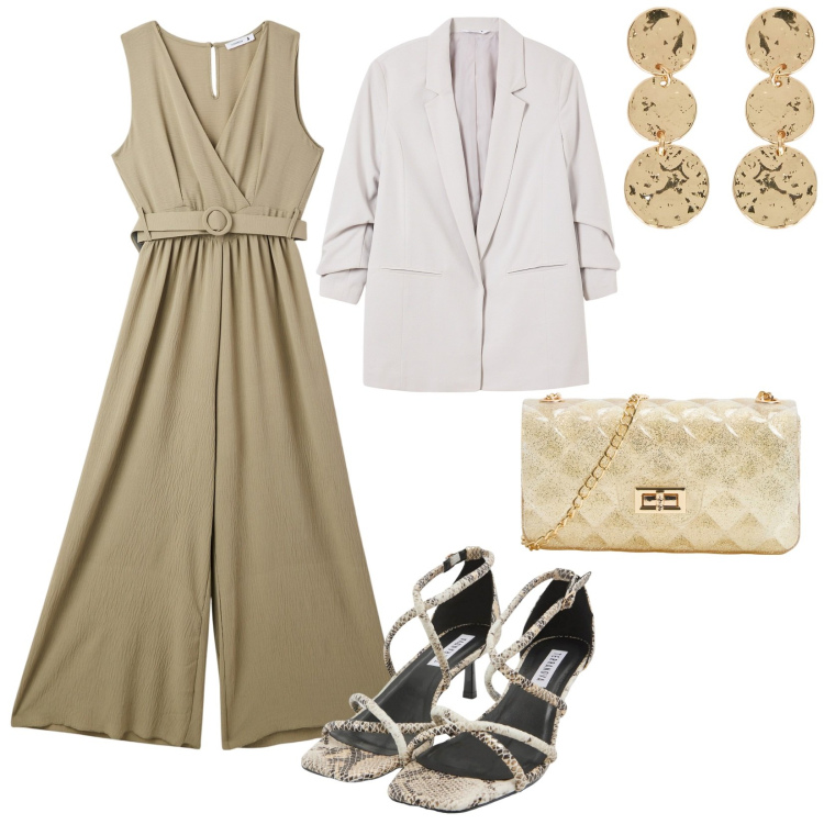 Outfit donna - Comunione a maggio. Stile Glamour per Cerimonia. Abbinamento con tute, blazer, borse a tracolla, sandali col tacco, orecchini.