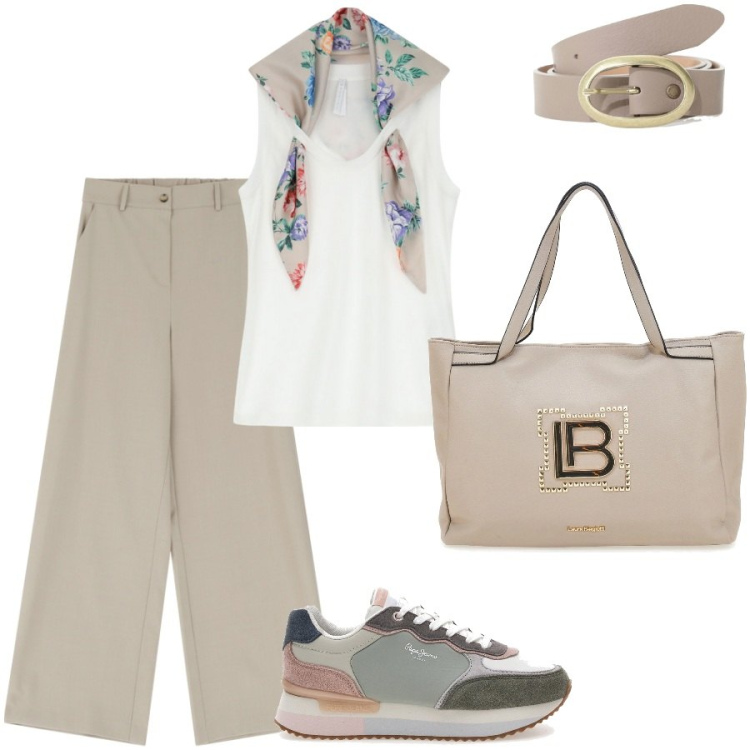Outfit donna - Le sneackers colorate. Stile Casual chic per Ufficio. Abbinamento con top, pantaloni a palazzo, cinture, sneakers, borse a spalla.