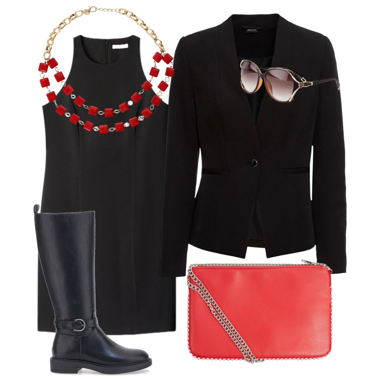 Outfit donna - Red and black. Stile Casual chic per Tutti i giorni. Abbinamento con occhiali da sole, blazer, borse a tracolla, collane, stivali sopra il ginocchio, vestiti corti.
