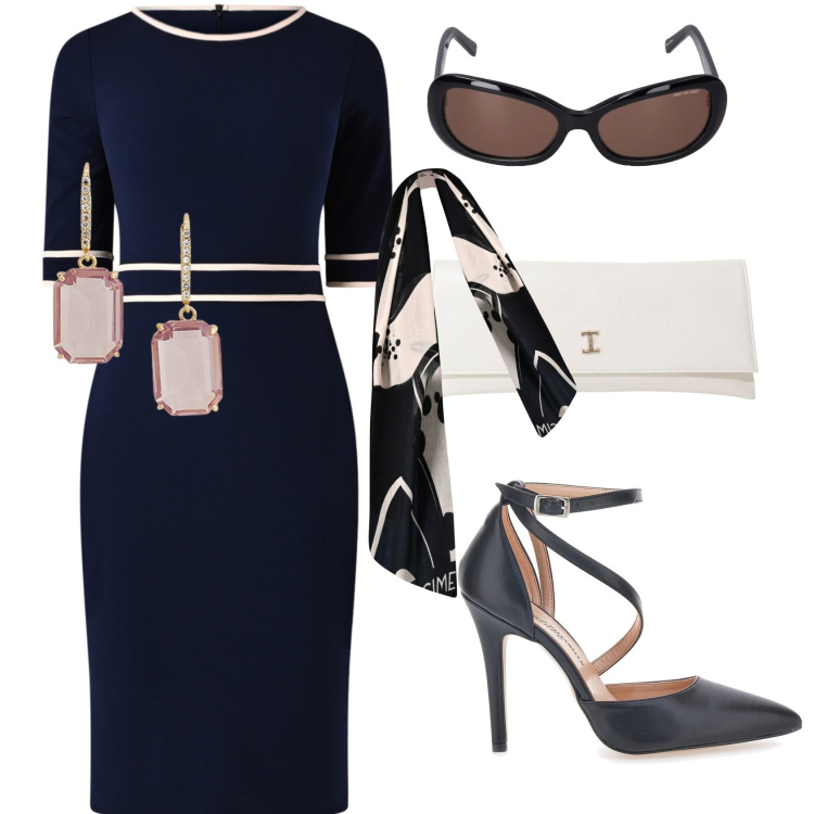 Outfit donna - Elegance. Stile Bon Ton per Ufficio. Abbinamento con vestiti a tubino, sciarpe, pochette, orecchini, décolleté, occhiali da sole.