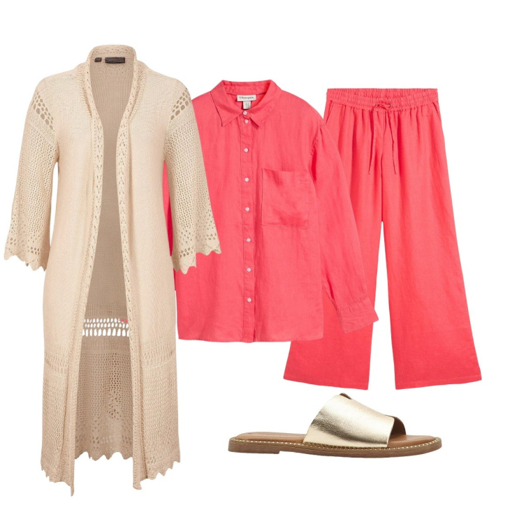 Outfit donna - Il completo arancione. Stile Glamour per Tutti i giorni. Abbinamento con cardigans, pantaloni a palazzo, camicie, ciabatte.