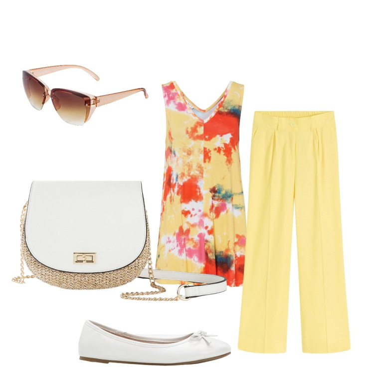 Outfit donna - Colori vitaminici con Bonprix. Stile Glamour per Tutti i giorni. Abbinamento con pantaloni a palazzo, borse a tracolla, ballerine, occhiali da sole, top.