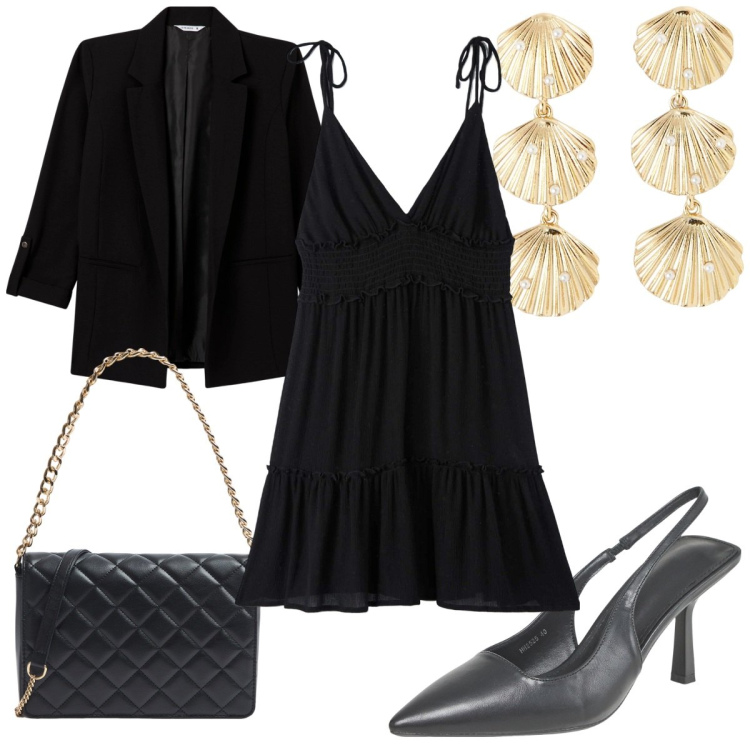 Outfit donna - Terranova total black. Stile Trendy per Serata fuori. Abbinamento con vestiti, orecchini, blazer, décolleté, borse a tracolla.