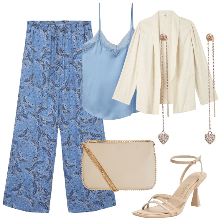Outfit donna - Occasioni speciali. Stile Glamour per Cerimonia. Abbinamento con blazer, borse a tracolla, pantaloni, sandali col tacco, top, orecchini.