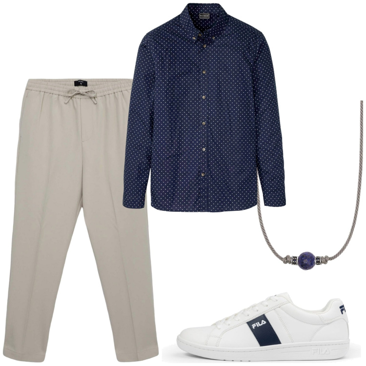 Outfit uomo - Weekend fuori. Stile Casual per Tutti i giorni. Abbinamento con camicie, pantaloni, collane, sneakers.