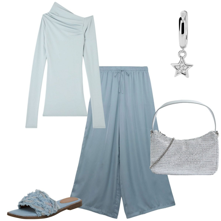 Outfit donna - Terranova - occasioni speciali. Stile Glamour per Serata fuori. Abbinamento con pantaloni, t-shirt, ciabatte, borse a tracolla, orecchini.