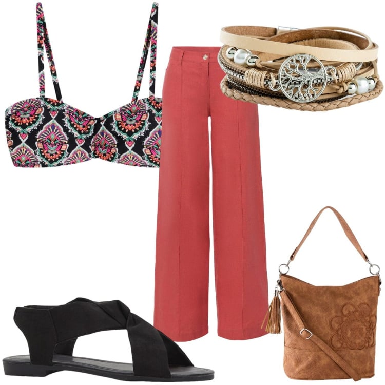 Outfit donna - Bonprix HOLIDAY CAPSULE : bikini etnico. Stile Etnico per Mare. Abbinamento con sandali, borse a mano, braccialetti, pantaloni a palazzo, bikini.