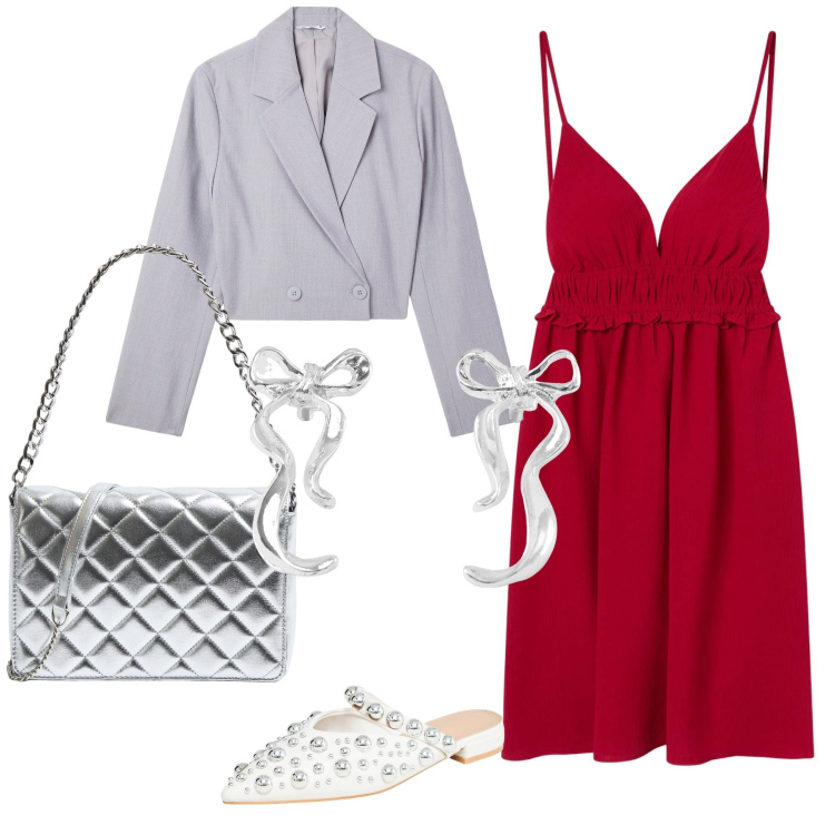 Outfit donna - Importante compleanno. Stile Glamour per Serata fuori. Abbinamento con ballerine, blazer, orecchini, vestiti corti, borse a tracolla.