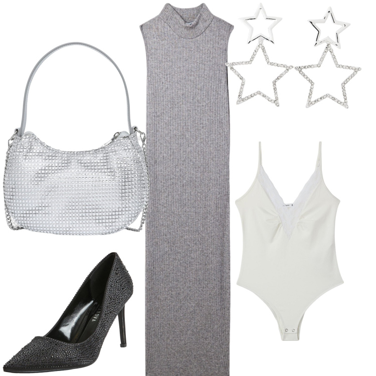 Outfit donna - Un tubino per l anniversario. Stile Sexy per Serata fuori. Abbinamento con décolleté, vestiti senza maniche, orecchini, body, borse a spalla.