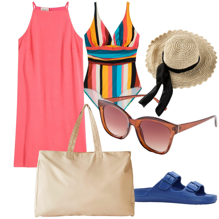 Outfit donna - Arcobaleno in spiaggia. Stile Trendy per Mare. Abbinamento con costumi interi, ciabatte, cappelli, vestiti, occhiali da sole, shopping bag.