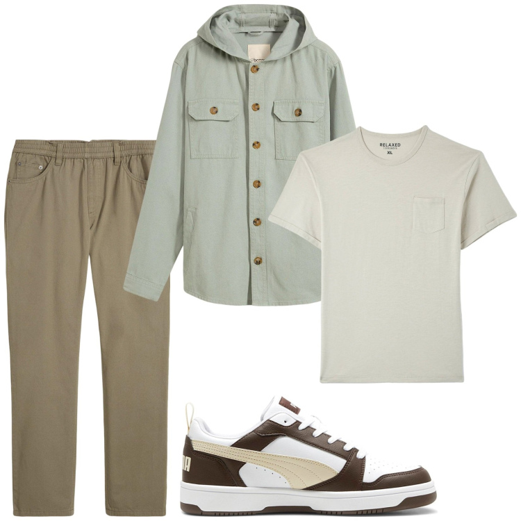 Outfit uomo - Layering di mezza stagione. Stile Trendy per Tutti i giorni. Abbinamento con cappotti, pantaloni, t-shirt, sneakers.
