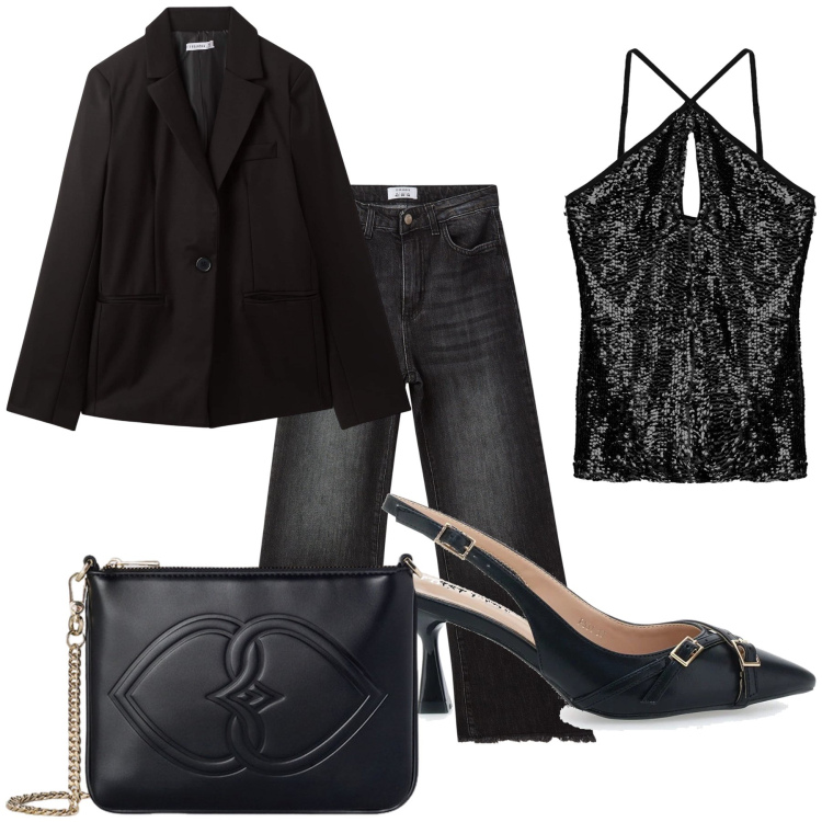 Outfit donna - Quando il top fa la serata. Stile Glamour per Serata fuori. Abbinamento con blazer, jeans, top, décolleté, pochette.