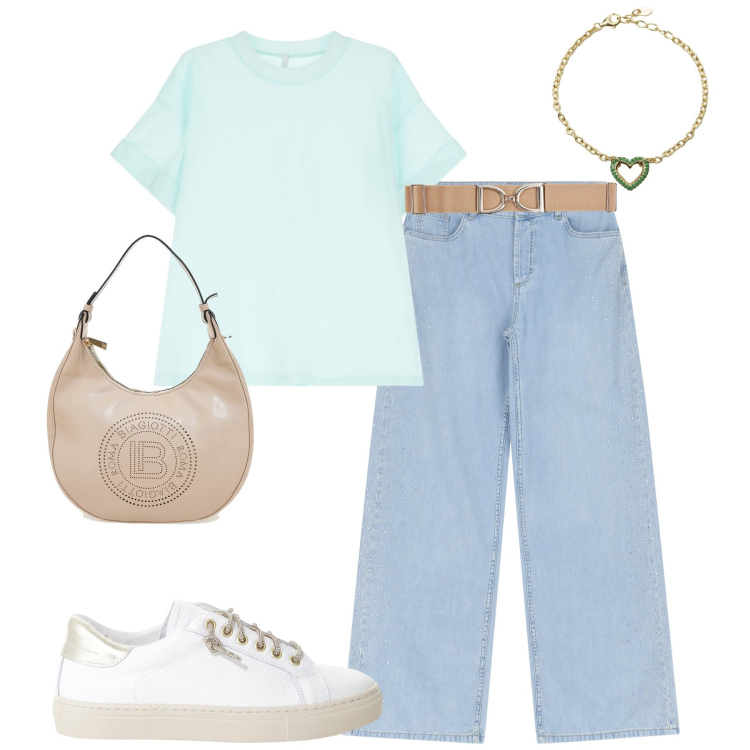 Outfit donna - Total look #2126745. Stile Casual per Tutti i giorni. Abbinamento con cinture, braccialetti, jeans, t-shirt, sneakers, borse a spalla.