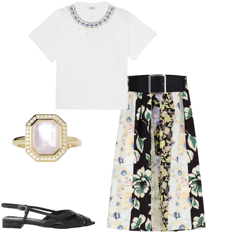 Outfit donna - Fiore di maggio. Stile Bon Ton per Serata fuori. Abbinamento con anelli, sandali, gonne lunghe, cinture, t-shirt.