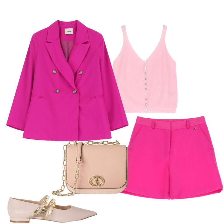 Outfit donna - Tonalità di rosa. Stile Casual chic per Cerimonia. Abbinamento con top, blazer, shorts, ballerine, borse a tracolla.
