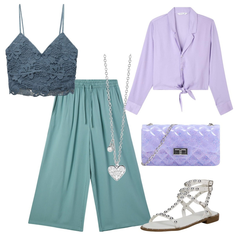 Outfit donna - Terranova - occasioni speciali. Stile Casual chic per Serata fuori. Abbinamento con camicie, borse a tracolla, top, pantaloni a palazzo, sandali, collane.