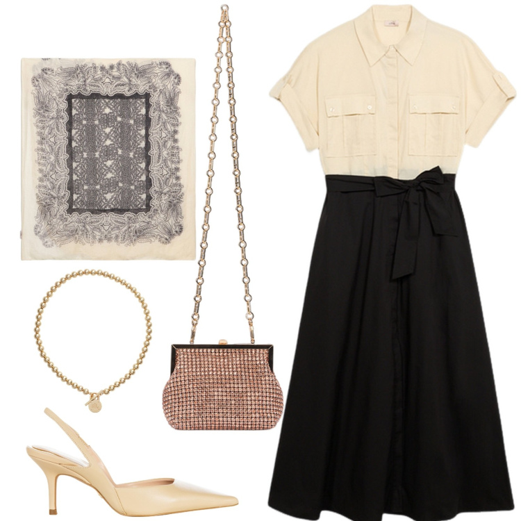 Outfit donna - Trompe-l\'oeil. Stile Chic per Serata fuori. Abbinamento con décolleté, collane, vestiti chemisier, sciarpe, clutch.