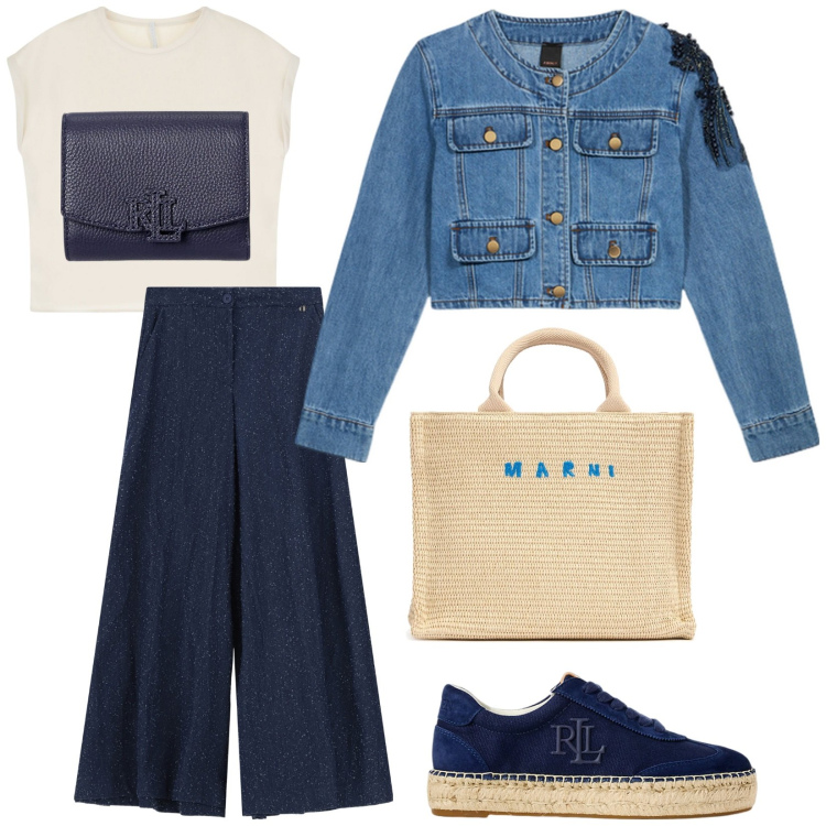 Outfit donna - Passeggiando. Stile Casual chic per Tutti i giorni. Abbinamento con t-shirt, pantaloni a palazzo, portafogli, sneakers, shopping bag, blazer.