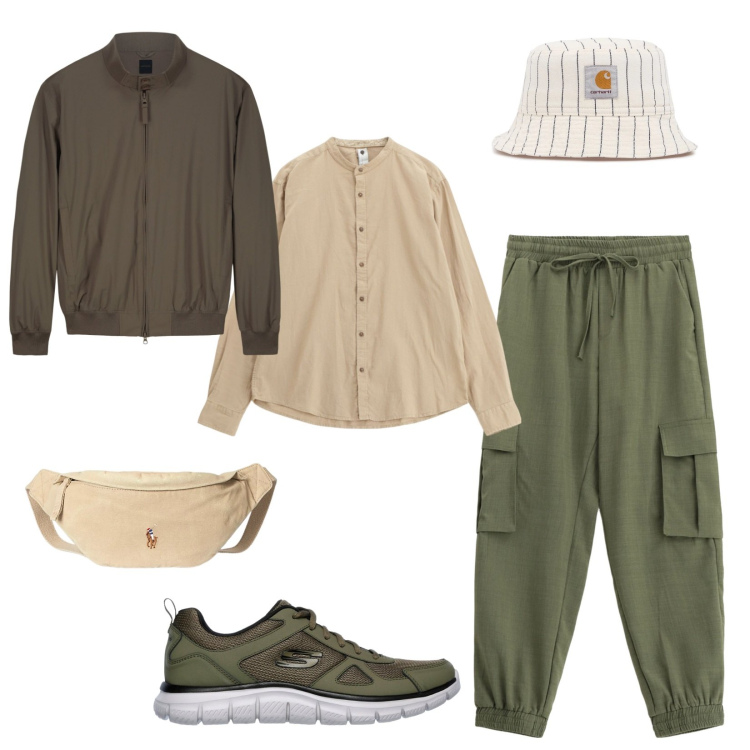 Outfit uomo - Urban Safari - Man. Stile Urban per Tutti i giorni. Abbinamento con pantaloni cargo, camicie, borse sportive, sneakers, cappelli, bomber.
