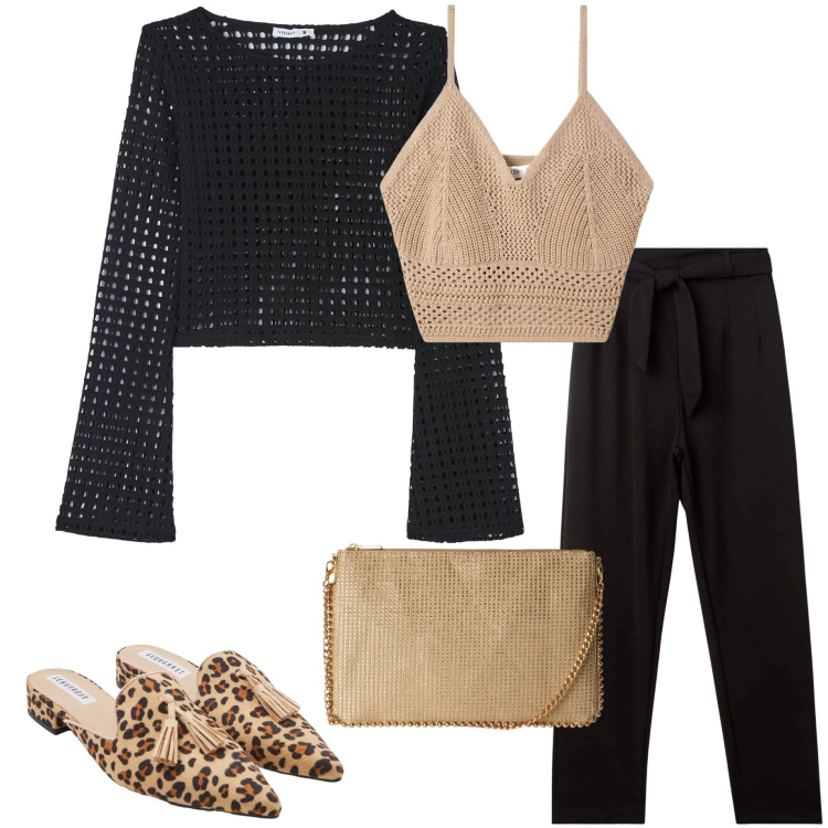 Outfit donna - Terranova occasioni. Stile Casual chic per Serata fuori. Abbinamento con maglieria, top, sabot, borse a tracolla, pantaloni chino.