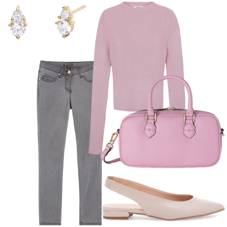 Outfit donna - Rosa e grigio sempre chic. Stile Bon Ton per Tutti i giorni. Abbinamento con jeans slim fit, maglieria, orecchini, ballerine, borse a mano.