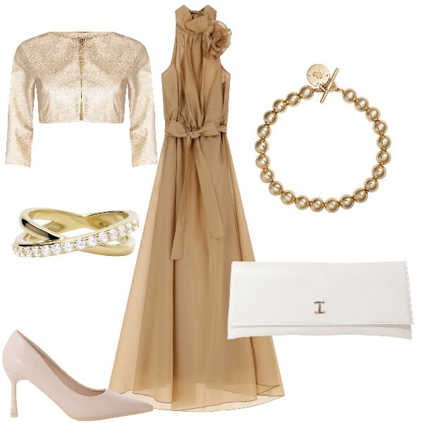 Outfit donna - Total look #2126810. Stile Romantica per Cerimonia. Abbinamento con anelli, bolero, décolleté, pochette, vestiti lunghi, braccialetti.