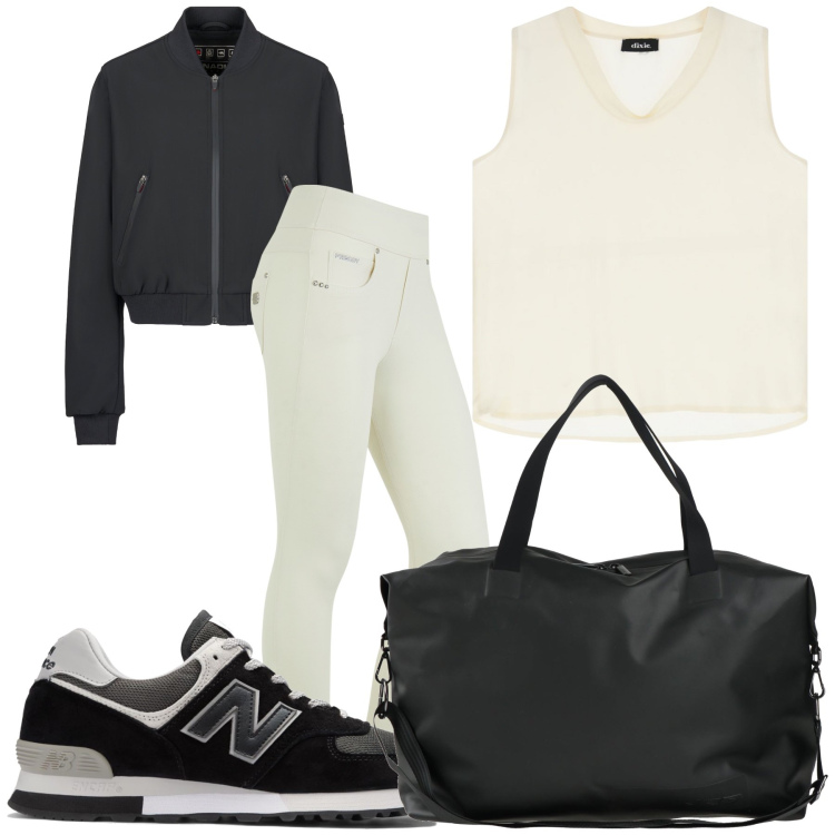Outfit donna - Viaggio sportivo. Stile Basic per Tutti i giorni. Abbinamento con valigie, sneakers, jeggings, top, bomber.