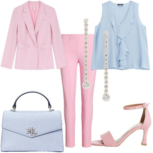 Outfit donna - Total look #2126814. Stile Chic per Cerimonia. Abbinamento con blazer, sandali col tacco, top, borse a mano, pantaloni, orecchini.