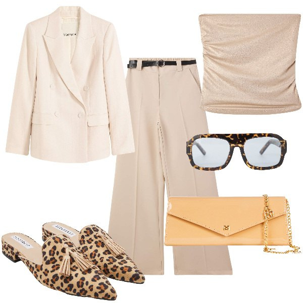Outfit donna - Total look #2126818. Stile Trendy per Cerimonia. Abbinamento con blazer, pantaloni, sabot, top, pochette, occhiali da sole.
