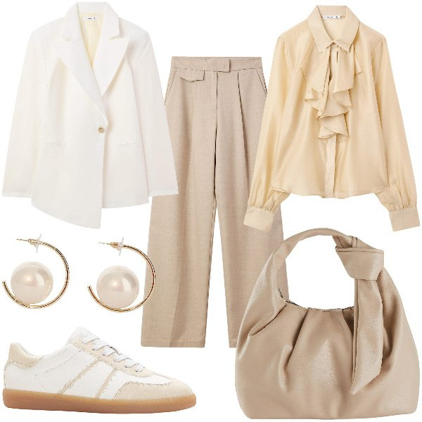 Outfit donna - Total look #2126819. Stile Sporty chic per Cerimonia. Abbinamento con borse a mano, sneakers, pantaloni, camicie, blazer, orecchini.