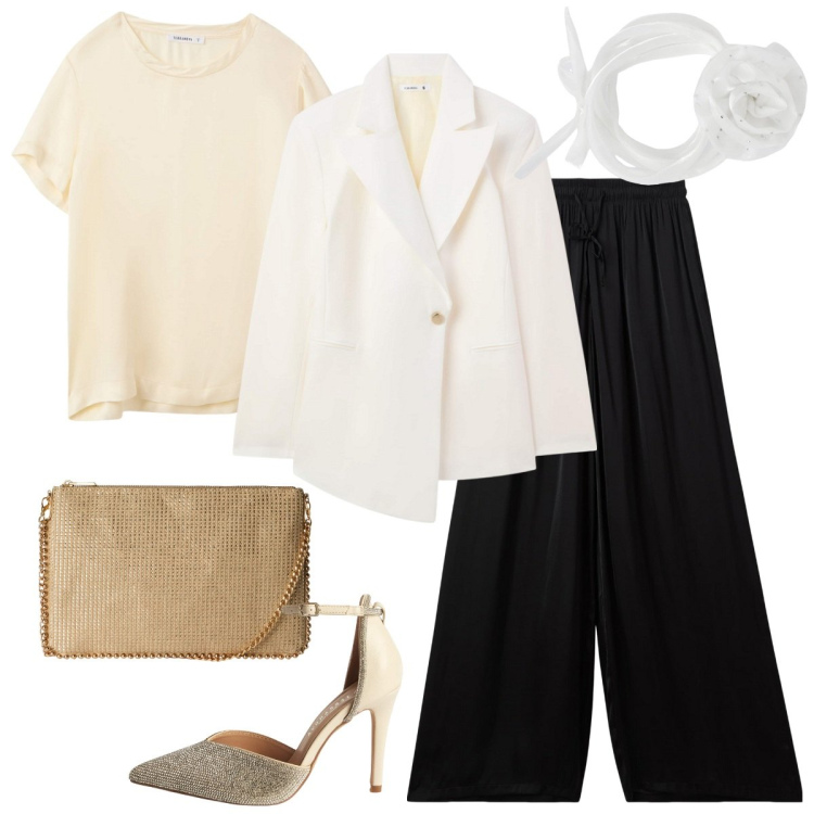 Outfit donna - Terranova - occasioni speciali. Stile Glamour per Serata fuori. Abbinamento con blazer, pantaloni a palazzo, collane, décolleté, borse a tracolla, t-shirt.