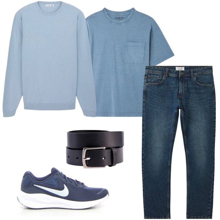 Outfit uomo - Total look #2126824. Stile Casual per Tutti i giorni. Abbinamento con t-shirt, jeans, maglieria, cinture, sneakers.