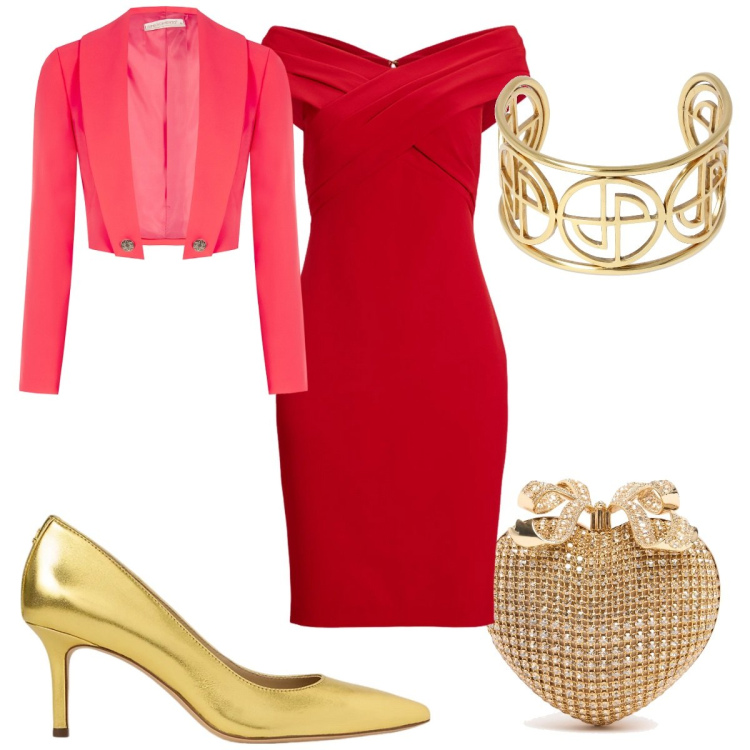 Outfit donna - Speciale mini bag - cuore d\'oro. Stile Glamour per Cerimonia. Abbinamento con bolero, vestiti, décolleté, braccialetti, pochette.