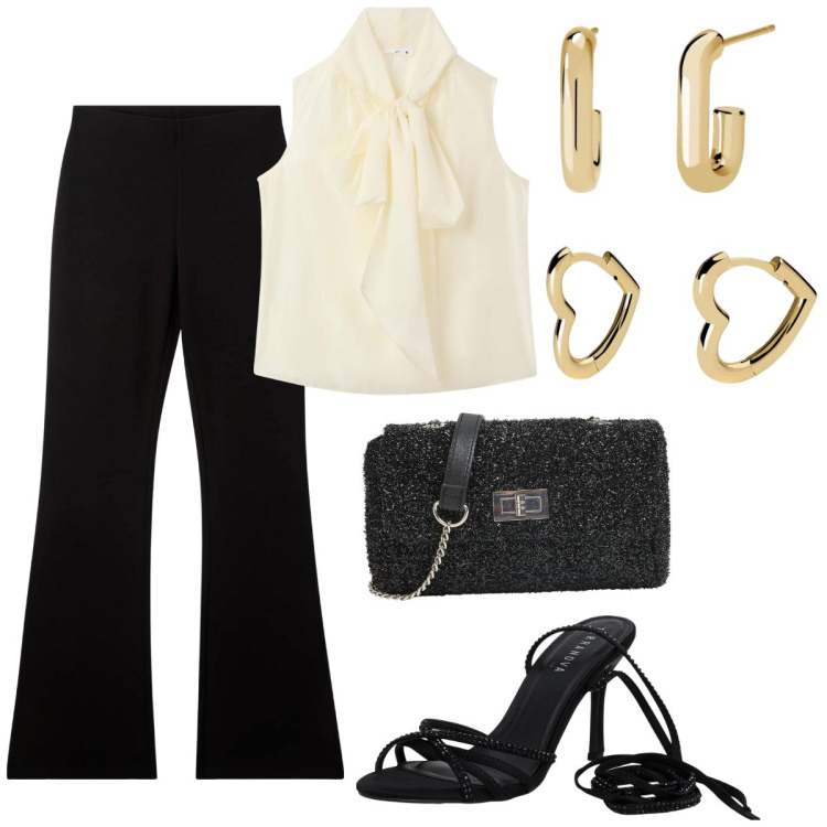 Outfit donna - Serata al teatro. Stile Glamour per Serata fuori. Abbinamento con bluse, pantaloni, sandali alla schiava, borse a tracolla, orecchini, orecchini.