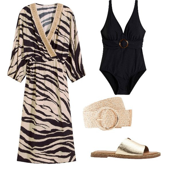 Outfit donna - Dalla spiaggia all\'aperitivo. Stile Glamour per Mare. Abbinamento con costumi interi, cinture, vestiti midi/longuette, ciabatte.
