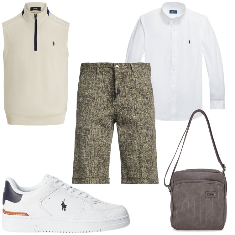 Outfit uomo - Total look #2126845. Stile Trendy per Tutti i giorni. Abbinamento con shorts, camicie, sneakers, gilet, portafogli.