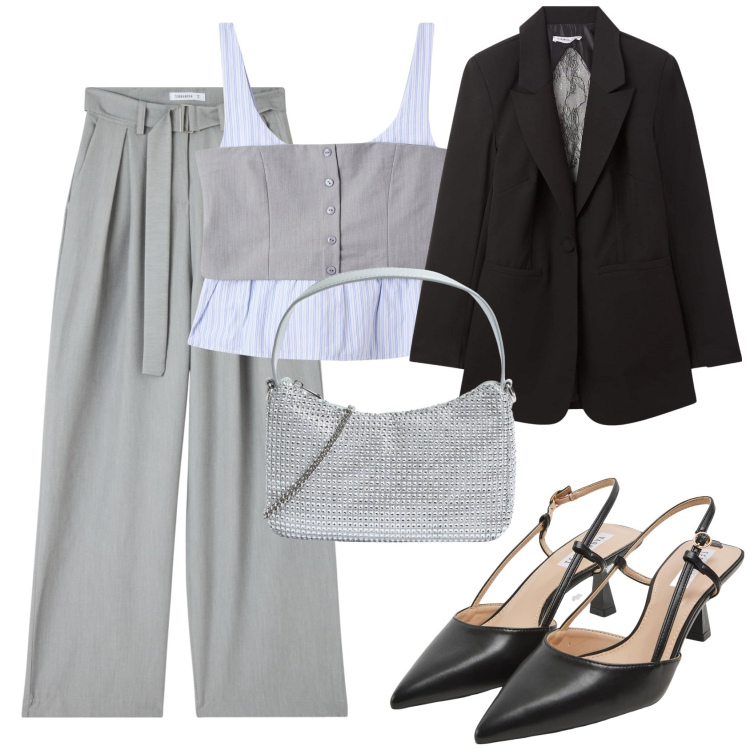 Outfit donna - Terranova occasioni speciali. Stile Chic per Cerimonia. Abbinamento con pantaloni, sabot, top, blazer, borse a tracolla.