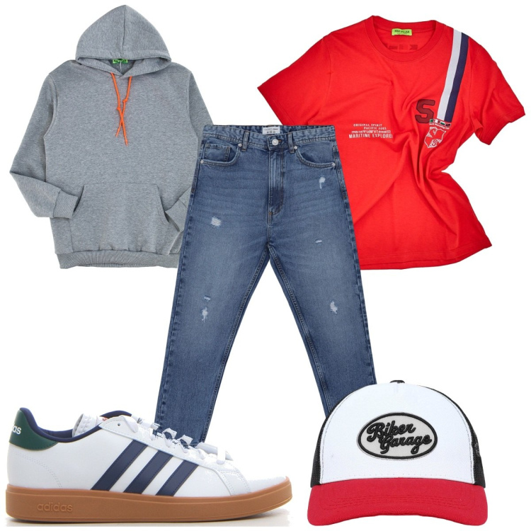 Outfit uomo - Total look #2126863. Stile Trendy per Tutti i giorni. Abbinamento con cappelli con visiera, jeans strappati, t-shirt, felpe con cappuccio, sneakers.