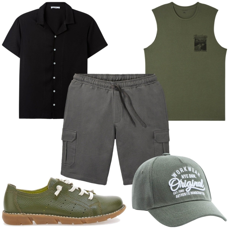 Outfit uomo - Total look #2126867. Stile Trendy per Tutti i giorni. Abbinamento con bermuda, camicie a manica corta, canottiere, cappelli, sneakers.