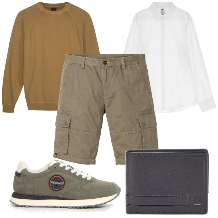 Outfit uomo - Total look #2126878. Stile Casual per Tutti i giorni. Abbinamento con bermuda, camicie, portafogli, maglieria, sneakers.