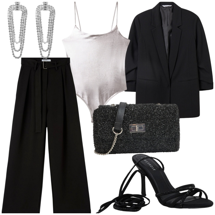Outfit donna - Serata glamour con Terranova. Stile Glamour per Serata fuori. Abbinamento con blazer, orecchini, pantaloni, sandali alla schiava, borse a tracolla, body.