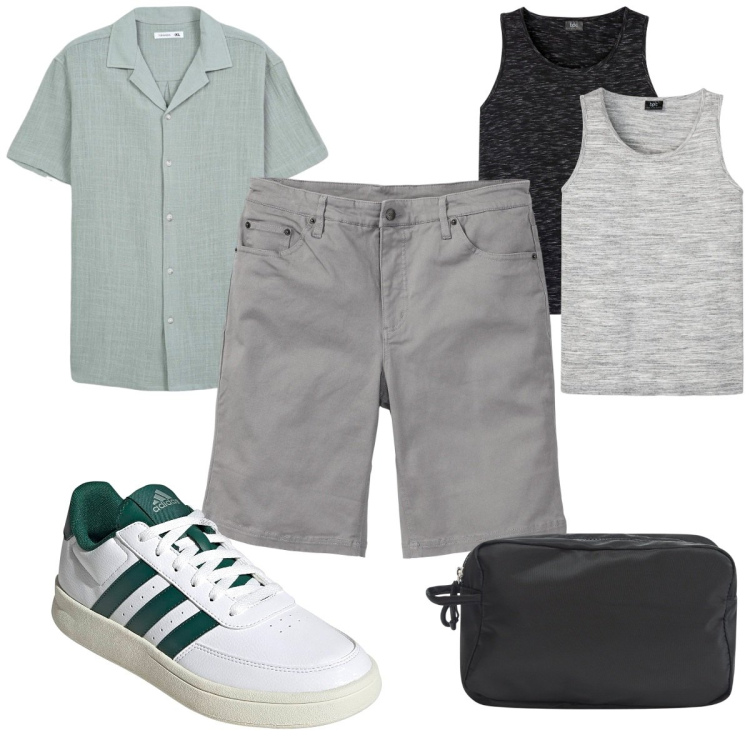 Outfit uomo - Total look #2126883. Stile Trendy per Tutti i giorni. Abbinamento con bermuda, canottiere, camicie a manica corta, borse sportive, sneakers.