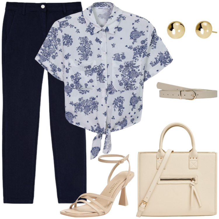Outfit donna - Camicia floreale!. Stile Casual chic per Ufficio. Abbinamento con shopping bag, sandali col tacco, cinture, camicie, orecchini, pantaloni chino.