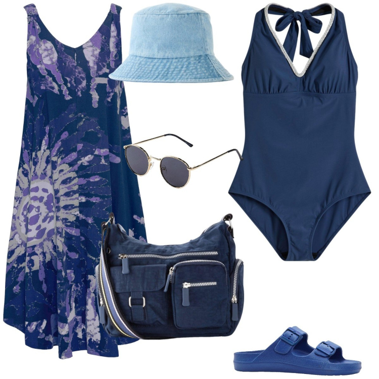 Outfit donna - Total look #2126887. Stile Basic per Mare. Abbinamento con borse a tracolla, occhiali da sole, ciabatte, vestiti senza maniche, costumi interi, cappelli.