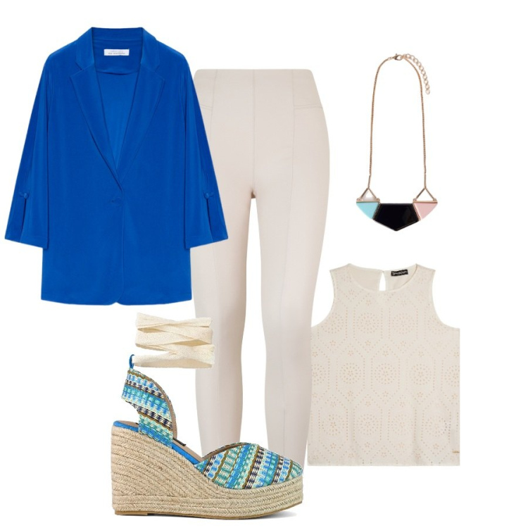 Outfit donna - Sportiva ed elegante. Stile Sporty chic per Cerimonia. Abbinamento con canottiere, pantaloni skinny, zeppe, blazer, ciondoli.