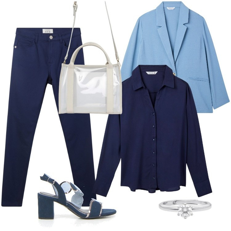 Outfit donna - Total look #2126892. Stile Casual per Ufficio. Abbinamento con camicie, blazer, borse tote, pantaloni, anelli, sandali col tacco.