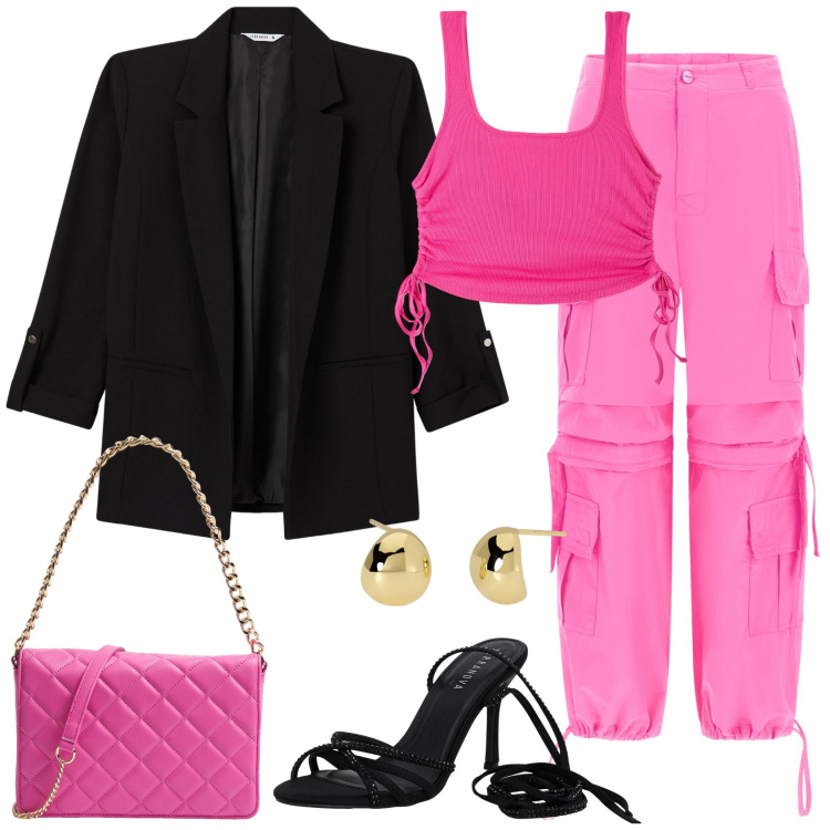 Outfit donna - Fucsia Sporty Chic. Stile Sporty chic per Tutti i giorni. Abbinamento con canottiere, sandali alla schiava, blazer, borse a tracolla, orecchini, pantaloni cargo.