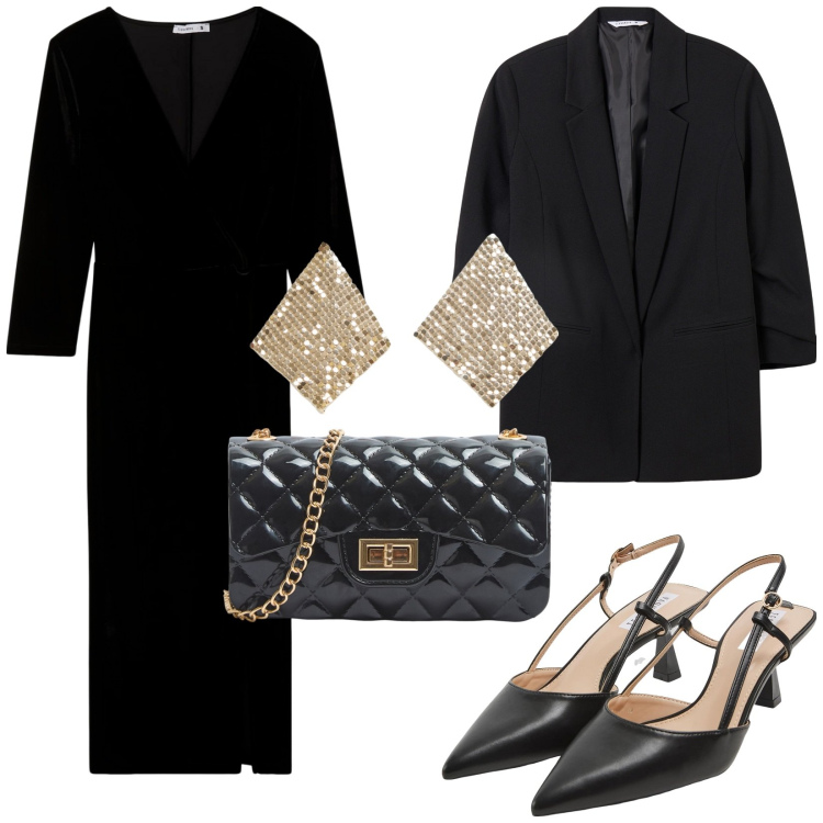 Outfit donna - Serata elegante. Stile Glamour per Serata fuori. Abbinamento con borse a tracolla, blazer, sabot, vestiti lunghi, orecchini.