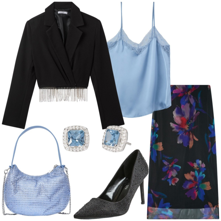 Outfit donna - Total look #2126897. Stile Glamour per Serata fuori. Abbinamento con gonne lunghe, décolleté, blazer, borse a spalla, top, orecchini.