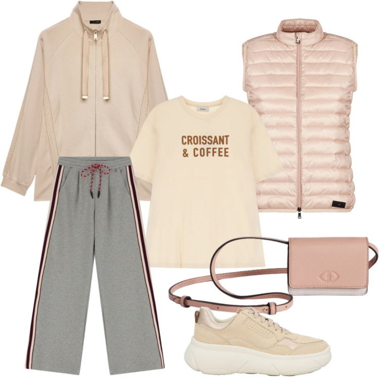 Outfit donna - Passeggiata al parco. Stile Sporty chic per Tutti i giorni. Abbinamento con sneakers, piumini, pantaloni, t-shirt, felpe, portafogli.